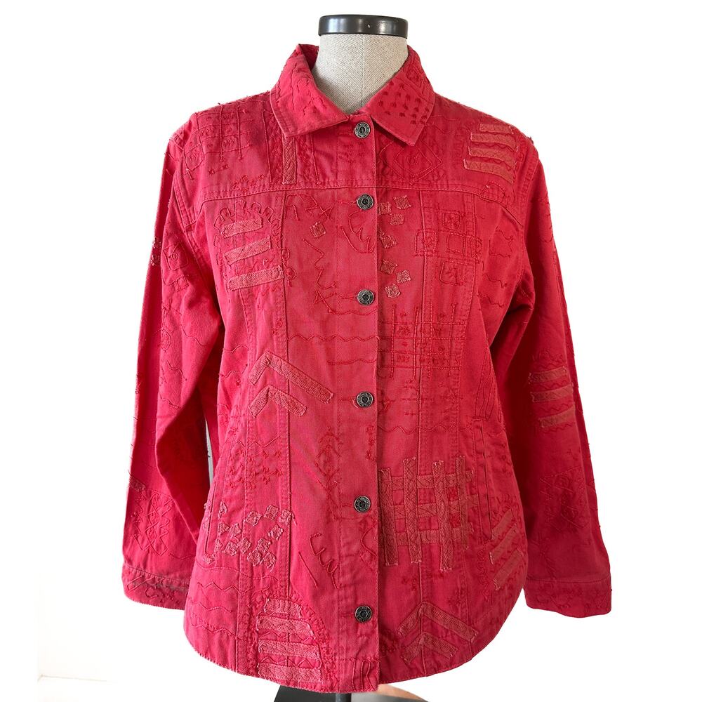 Chico’s Red Embroidered Jacket Size 2 Textured Cotton Boho Art Jacket